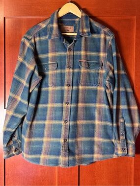 Orvis Men’s Blue and Tan Plaid Heavyweight Shirt Jacket Side Pockets Size Large